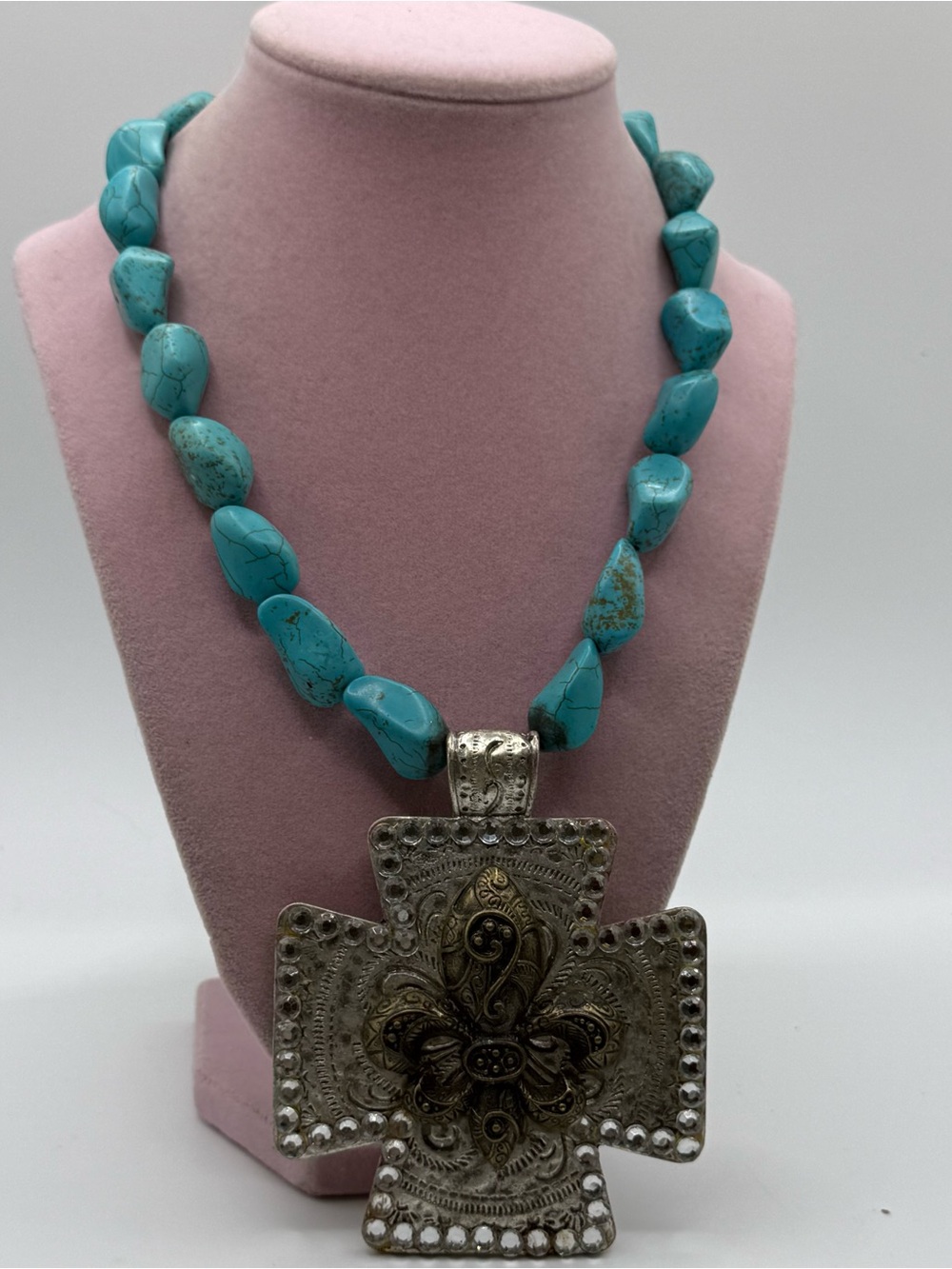 Large statement Turquoise Bead Necklace with Ornate Silver Cross Pendant